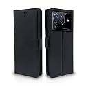 Pikkme Vivo X80 Pro Flip Case Leather Finish | Inside TPU with Card Pockets | Wallet Stand and Shock Proof | Magnetic Closing | Complete Protection Flip Cover for Vivo X80 Pro (Black)