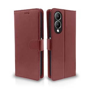 pikkme vivo y17s flip cover leather finish  inside tpu with card pockets  wallet stand and shock proof  complete protection flip case brown
