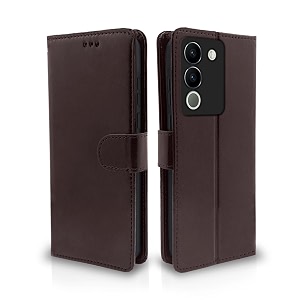 pikkme vivo y200 5g flip cover leather finish  inside tpu with card pockets  wallet stand and shock proof  complete protection flip case coffee