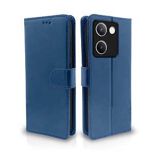 pikkme vivo y200 pro 5g flip cover leather finish  inside tpu with card pockets  wallet stand and shock proof  complete protection flip case blue