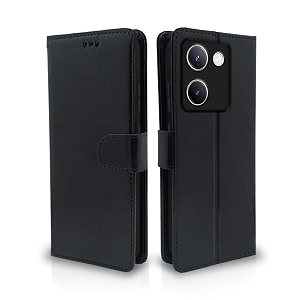 pikkme vivo y200 pro 5g flip cover leather finish  inside tpu with card pockets  wallet stand and shock proof  complete protection flip case black