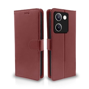 pikkme vivo y200 pro 5g flip cover leather finish  inside tpu with card pockets  wallet stand and shock proof  complete protection flip case brown