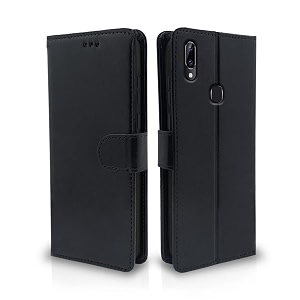 pikkme vivo y83 pro flip cover leather finish  inside tpu with card pockets  wallet stand and shock proof  magnetic closing  complete protection flip case black