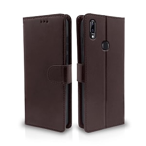 pikkme vivo y83 pro flip cover leather finish  inside tpu with card pockets  wallet stand and shock proof  magnetic closing  complete protection flip case coffee