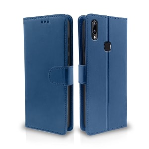 pikkme vivo y83 pro flip cover leather finish  inside tpu with card pockets  wallet stand and shock proof  magnetic closing  complete protection flip case blue