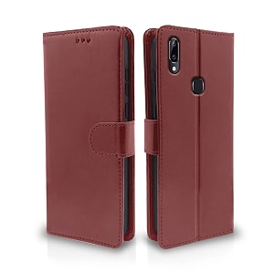 pikkme vivo y83 pro flip cover leather finish  inside tpu with card pockets  wallet stand and shock proof  magnetic closing  complete protection flip case brown