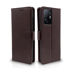 pikkme xiaomi 11t pro 5g flip cover leather finish  inside tpu with card pockets  wallet stand and shock proof  magnetic closing  complete protection flip case coffee