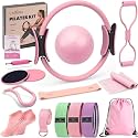 Pilates Workout Kit for Women, Beginner Home Exercise Set with Pilates Ring and Ball, 9 Level Resistance Bands, Sliders and Grip Socks, Starter Home Workout Accessories for Women