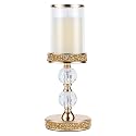 Pillar Candle Holder, 13 Inch Crystal Candlesticks for 3''X5'' Candles, Dining Coffee Table Decor, Wedding, Events, Parties - Glass and Gold Finish
