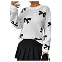Pinclodly Bow Sweater Women Long Sleeve Crewneck Cute Sweaters Casual Vintage Sweater with Bow Winter Oversized Sweaters