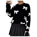 Pinclodly Bow Sweater Women Long Sleeve Crewneck Cute Sweaters Casual Vintage Sweater with Bow Winter Oversized Sweaters