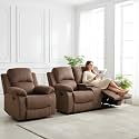 Pineapple Velvet Recliner Sofa Set, Living Room Furniture Set, Adjustable Backrest Reclining Loveseat Sofa with Storage Console & Cup Holders, Manual Recliner Chair for Home Theater, Brown