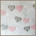 Anniversary Party Paper Heart Bunting, 15 pieces, Pink, white and silver, 75 inches in length