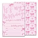 Pink Bow Birthday Invitation, It's My Birthday Party, Girls Party Invite, Retro Bday Invitation Cards, 20 Pink Double-Sided Fill In Invite Cards with Envelopes, Birthday Party Decorations 4x6 Inch-B08