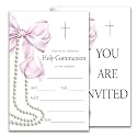 Pink Bow Invite, First Communion Invitations for Girls, Baptism Invitations Card, 20 Fill In Style Invite Cards with Envelopes, Girls' Party Favors & Decorations 4x6 Inch-C10