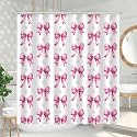 Pink Bow Shower Curtain Set, Cute Modern Girl Bathroom Aesthetic Polyester Cloth Fabric Bath Curtain Decor with Hooks 72x72 Inches