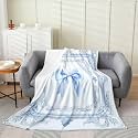 Pink Bowknot Bed Blanket,Damask Flower Flannel Blanket for Bedroom Decor,Luxury Ribbon Bow Blue Bedding Set for Kids Adults,Super Soft,Twin 60"x80"