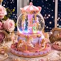 Pink Carousel Snow Globe Music Box with