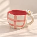 Pink Checkered Ceramic Mug with 3D Daisy Flower Handle | Stylish Tea Coffee Cup | Ideal for Green Tea, Coffee &amp; Tea | Elegant Drinkware for Home Office Kitchen