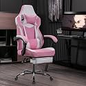Pink Ergonomic Gaming Chairs for Adults, Swivel Height Adjustable Comfortable Office Desk Chair with Footrest and Lumbar Support, PU Upholstered Computer Chair with Headrest (Pink)