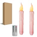 Pink Flameless Short Taper Candles, Real Wax Hand Dipped LED Battery Operated with Remote, Flickering Flame Lights for Festival Party Home Décor, 6.7 Inch Primitive Flameless Candles, 2PCS