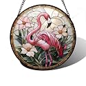 Pink Flamingo Flower Stained Glass Window Hanging Suncatcher Gifts 12"