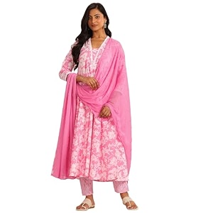Pink floral printed anarkali kurta and printed