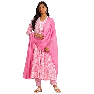 Pink floral printed anarkali kurta and printed