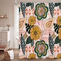 Pink Floral Shower Curtain, Boho Vintage Botanical Fabric Curtain, 72 x 78