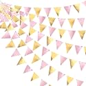 Pink Gold Party Decoration Metallic Fabric Light Pink Gold Triangle Pennant Banner Flag Bunting Garland for Women Girl Birthday Retirement Graduations Bridal Shower Wedding Baby Shower Party Supplies