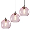 Pink Pendant Lights Kitchen Island 3 Pack, 7.87 in Seeded Glass Globe