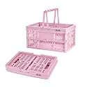 Pink Plastic Baskets with handles,2-pack Collapsible crates for storage,14.96"x9.84"x7.87" foldable shopping basket ,foldable crate with Handles for car Classroom Kitchen Bathroom Medicine Milk
