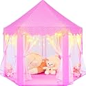 Pink Princess Tent for Girls, Kids Play Tent with LED Small Star Lights, Castle Playhouse Tent for Children Indoor Outdoor Games, 55×53 Inches