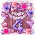 Pink Purple 4th Birthday Party Decoration for Girls Number 4 Princess Decor
