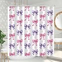 Pink Purple Bow Shower Curtain Set, Cute Modern Girl Bathroom Aesthetic Polyester Cloth Fabric Bath Curtain Decor with Hooks 72x72 Inches