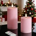 Pink Ribbed Flameless Pillar Candles with Remote, Flickering LED Wax Candles Battery Operated Set of 2