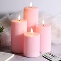 Pink Ribbed Flameless Pillar Candles with Remote, Flat Top Flickering LED Wax Battery Candles Set of 4, Φ 3" H 4" 5" 6" 8"