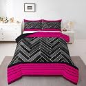 Pink Stripes Kids Bedding Sets Gray Black Rectangle Patchwork Reversible Comforter for Boys Vintage Lines Geometric Quilt Set Soft Duvet Insert,1 Pillowcase Toddler Size