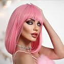 Light Pink Straight Bob Wig with Bangs Short Length Apple Cut