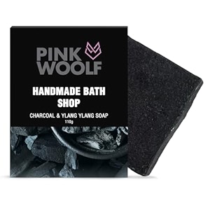 pink woolf handmade bath soap  charcoal ylang-ylang amp neem  removes excess oil amp dirt  purifies skin amp fights pollution  chemical-free  suitable for all skin types  110g pack of 1