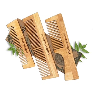 pink woolf neem wooden comb set for men amp women  pack of 3 wide tooth fine tooth amp pocket hair comb  natural kacchi neem wood comb for detangling anti static scalp massage amp daily hair care for all hair types