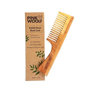pink woolf neem wood comb for hair growth amp hair fall control  handcrafted katchhi neem comb with wide teeth for gentle scalp massage  natural wooden comb for women amp men anti-static haircare  pack of 1