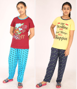 pink you fashion girls printed cotton blend kids nightwear maroon pack of 2