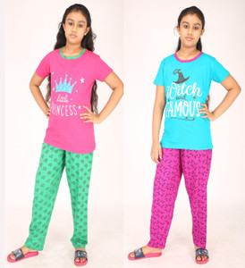pink you fashion girls printed cotton blend kids nightwear pink pack of 2