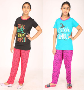 pink you fashion girls printed cotton blend kids nightwear black pack of 2