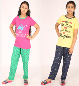 pink you fashion girls printed cotton blend kids nightwear pink pack of 2