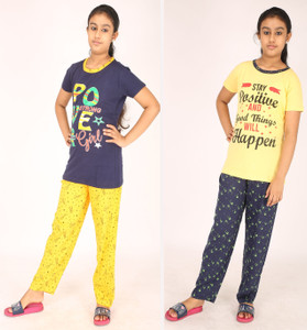 pink you fashion girls printed cotton blend kids nightwear multicolor pack of 2