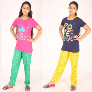 pink you fashion girls printed cotton blend kids nightwear pink pack of 2