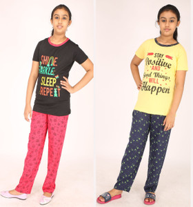 pink you fashion girls printed cotton blend kids nightwear multicolor pack of 2