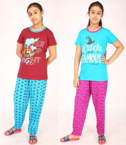 pink you fashion girls printed cotton blend kids nightwear multicolor pack of 2